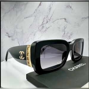CHANEL Black and Gold Rectangular Sunglasses